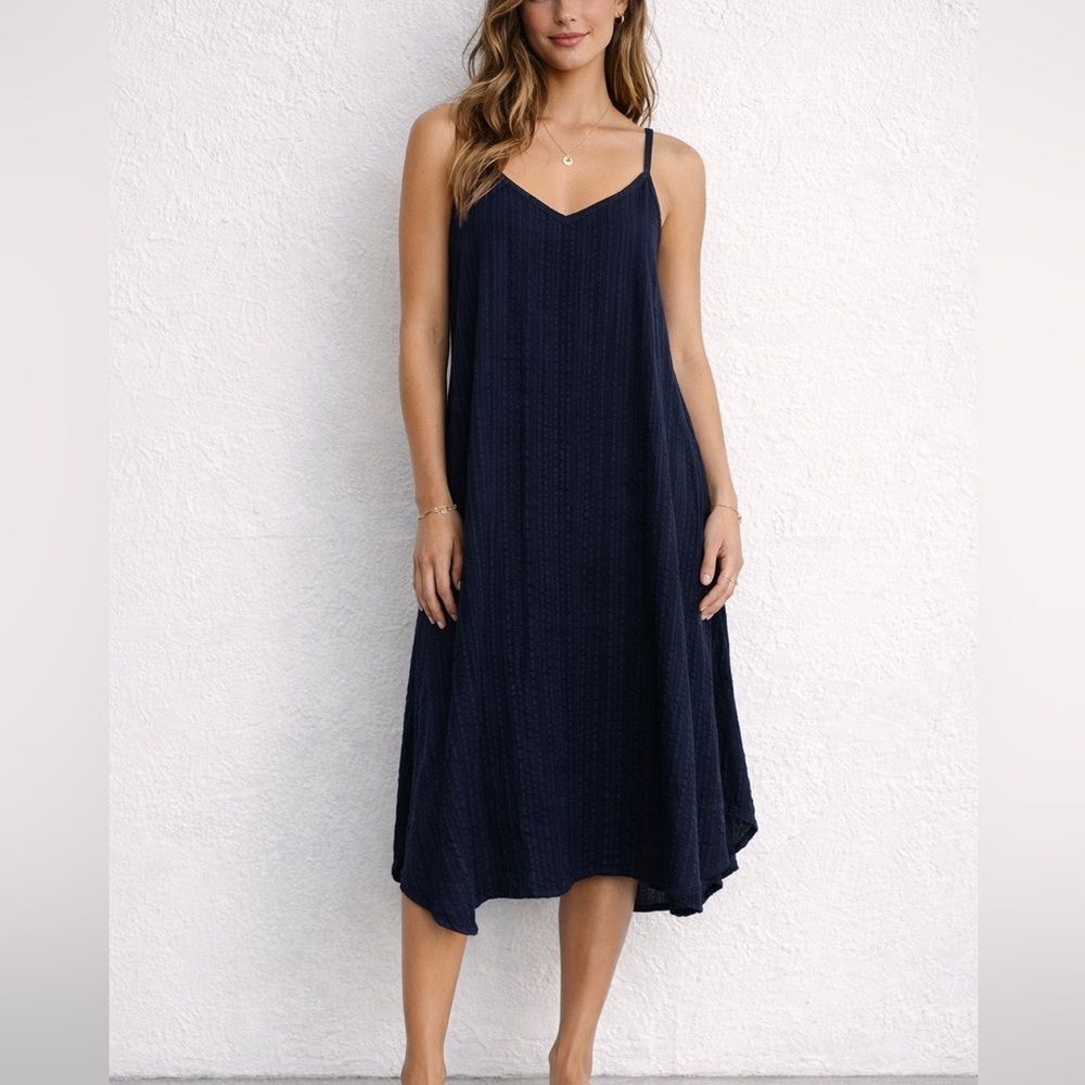 Allen Allen USA Navy Textured Stripe Swing Midi Dress Spaghetti Strap Medium